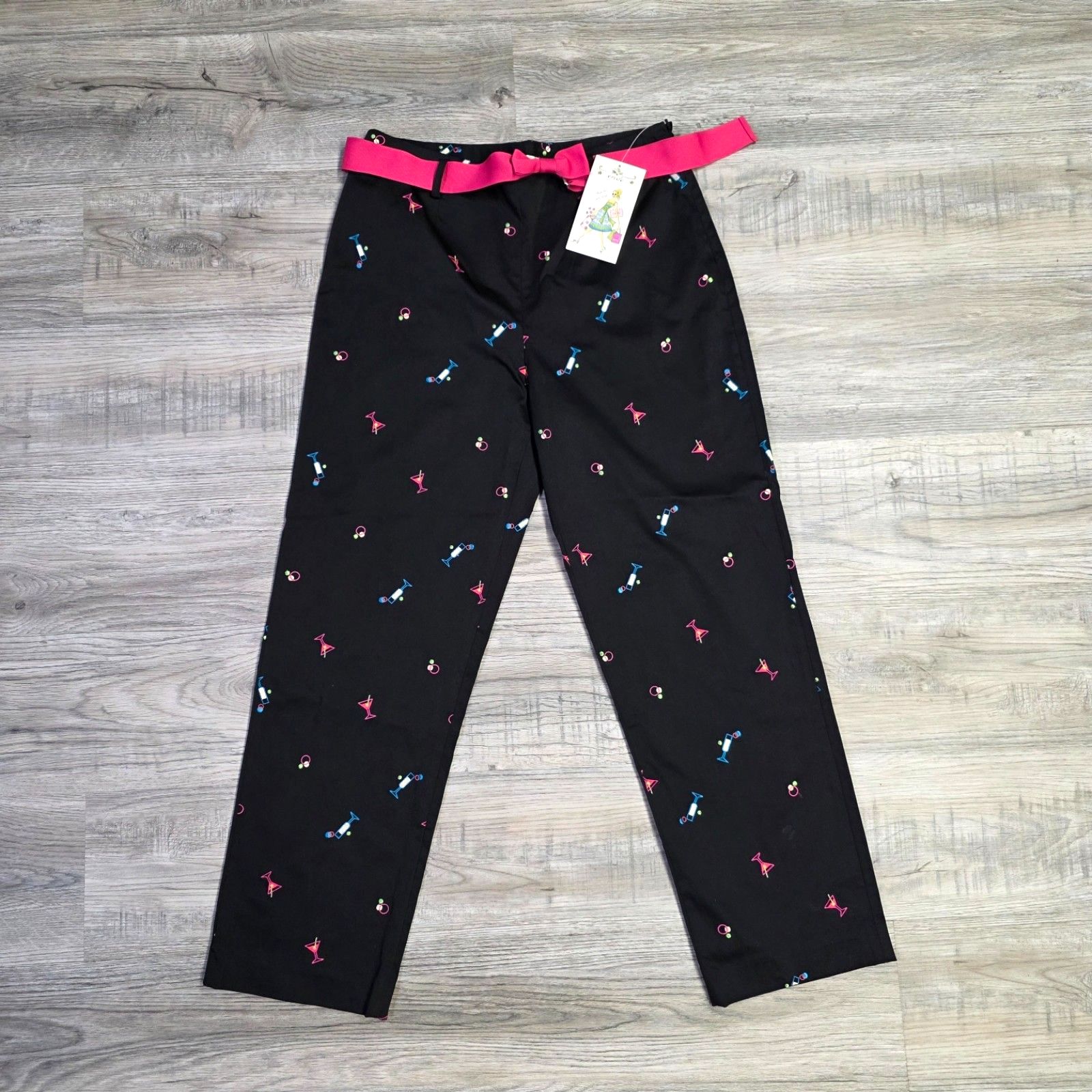 Nwt Credo Martini Print Belted Pants Sz 10 Black Crop Cocktail Lounge — image 2 of 8
